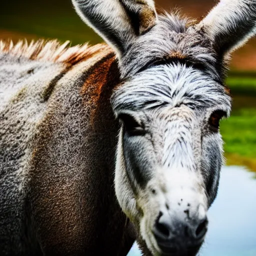Image similar to close up photo of a donkey, drinking water from a lake in tasmania, bokeh, 4 0 0 mm lens, 4 k award winning nature photography