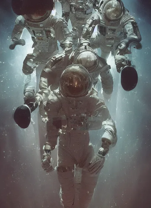 Image similar to astronauts in dark and empty void underwater - complex and hyperdetailed technical suit. reflection and dispersion materials. rays and dispersion of light. volumetric light. 5 0 mm, f / 3 2. noise film photo. flash photography. ultra realistic, wide angle. poster by wayne barlowe, hajime sorayama aaron horkey, craig mullins