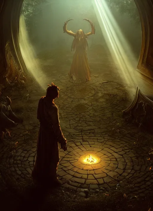 Image similar to A demon in a summoning circle trying to summon a human in his moms attic, humor, funny, irony, mist, sunrays, dust in the air, DnD character, unreal engine, octane render, dramatic lighting, pond, digital art, by Stanley Artgerm Lau, greg rutkowski, thomas kindkade, alphonse mucha, loish, norman Rockwell,