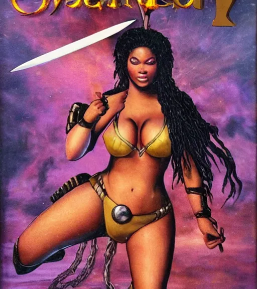 Image similar to 1 9 8 0 s fantasy novel book cover, plus size amazonian nicki minaj in extremely tight bikini armor wielding a cartoonishly large sword, exaggerated body features, dark and smoky background, low quality print