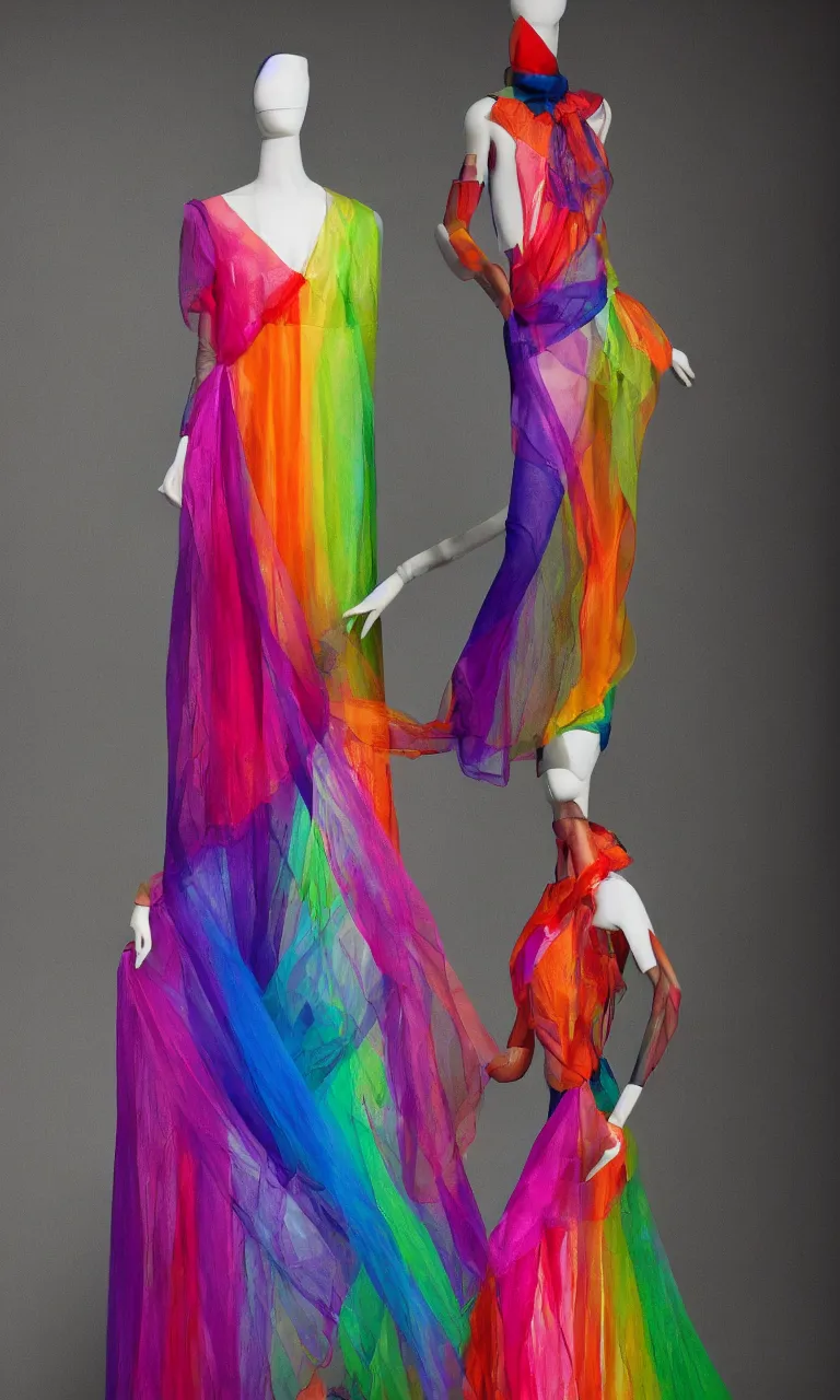 Prompt: full-length photo of a mannequin wearing a sheer rainbow dress, fashion photography