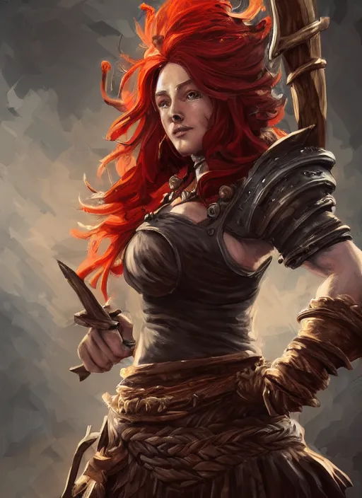 Image similar to a highly detailed illustration of fierce red haired blacksmith woman wearing blacksmith apron and armor, hyperdetailed perfect face, dramatic working pose, intricate, elegant, highly detailed, centered, digital painting, artstation, concept art, smooth, sharp focus, league of legends concept art, wlop.