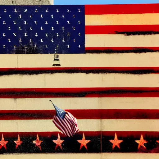 Prompt: us flag on low wall by banksy