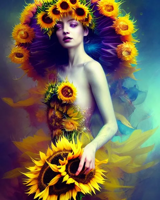 Image similar to Full View Portrait Mystical ethereal sunflower deity wearing beautiful dress, sunflower Dryad, 4k digital masterpiece by Anna dittman and Ruan Jia and Alberto Seveso, fantasycore, Hyperdetailed, realistic oil on linen, soft lighting, sunflower background, featured on Artstation