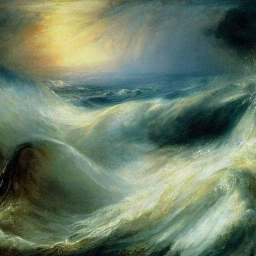 Prompt: giant octopus with huge tentacles dancing above the frothing waves of an angry ocean under a dramatic sky, by jmw turner