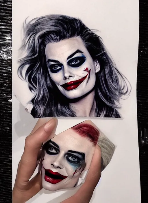 Image similar to beautiful margot robbie with joker makeup tattoo design, holding an ace card, black and white, realism tattoo, hyper realistic