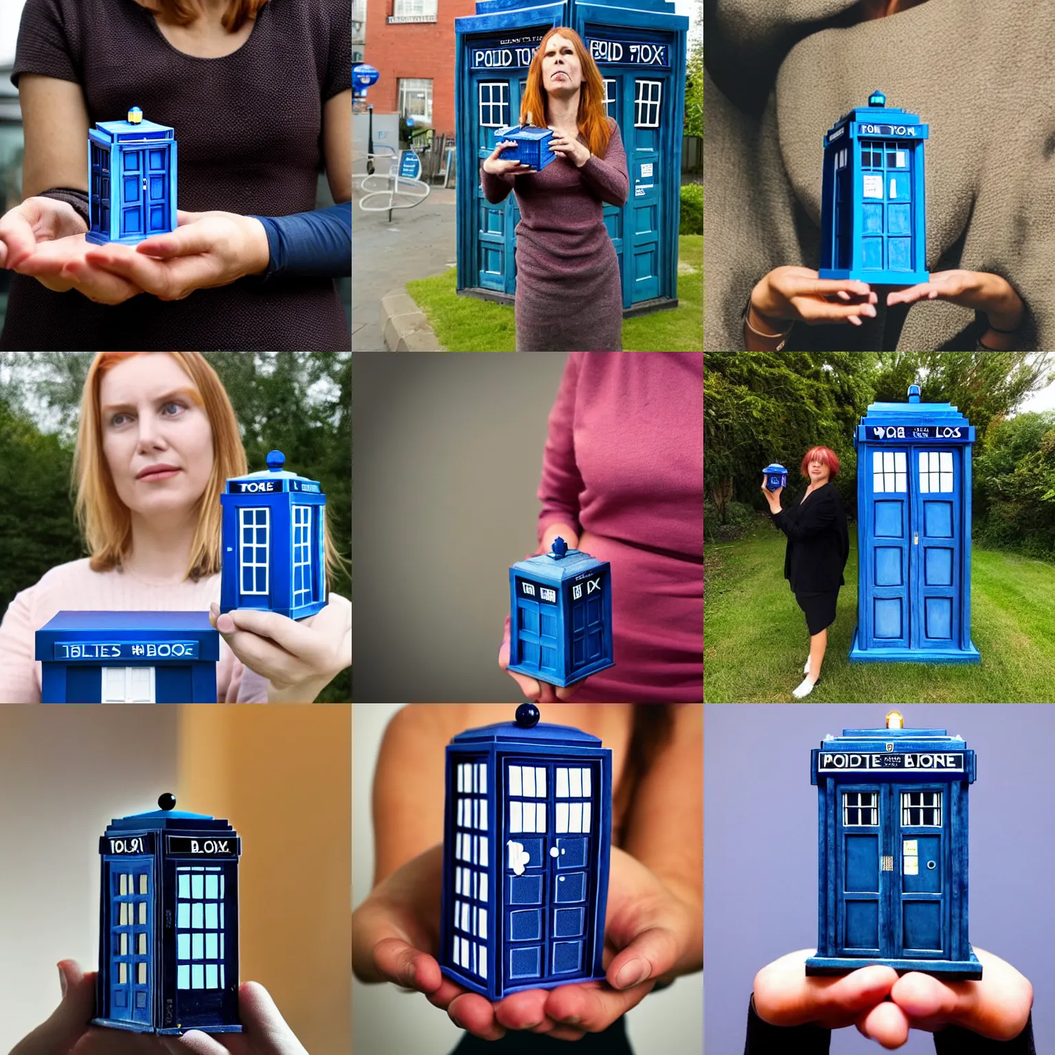 Prompt: a woman holding up a small model of a tardis, a surrealist sculpture by matthew smith, trending on tumblr, context art, high definition, tesseract, photo