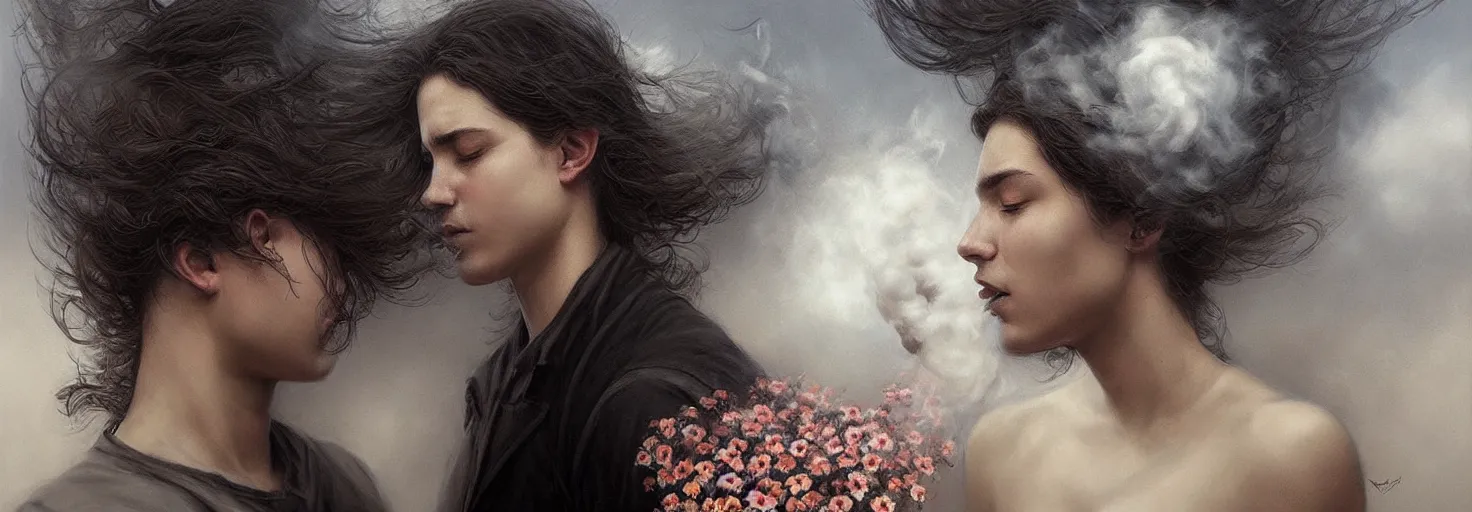 Image similar to young maren looks at the sky from behind the guy's mouth, a puff of smoke falls, the guy's flowers are large, with soft line, symmetrical patterns, in style marco mazzoni, greg rutkowski, artgerm