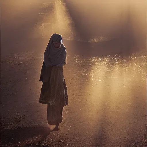 Image similar to portrait in north africa, warmth, misty, pools of sunlight by nasreddine dinet