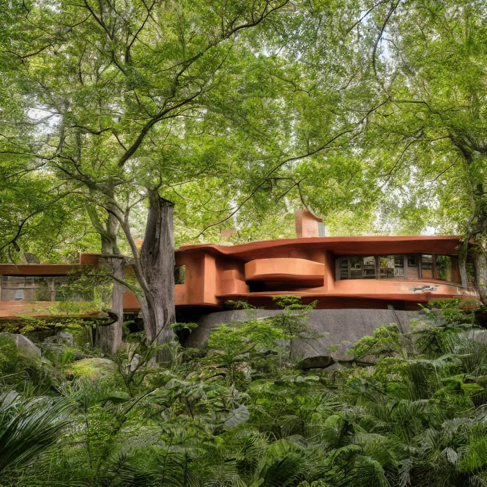 Image similar to a human face as a house by frank lloyd wright, eerie, lush trees, award winning photo, 8 k,