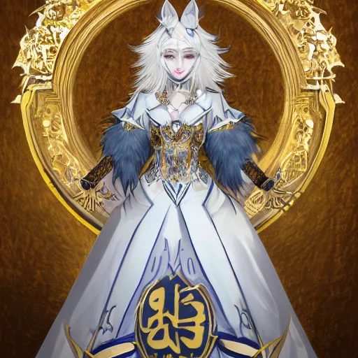 Image similar to commissioned full body furry portrait of a female anthro wolf-headed princess fursona with white hair wearing a white and gold chinese armored dress in a white and gold palace, by Wlop and jerry park, artstation, extremely detailed