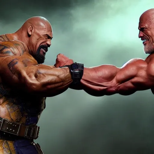 Prompt: Dwayne Johnson and Thanos in an arm wrestling match, Realistic, Hyperrealistic, 4k Resolution, 8k Resolution, Detailed, Very Detailed, Highly Detailed, Dramatic Lighting, Studio Quality Lighting, Dramatic Angle