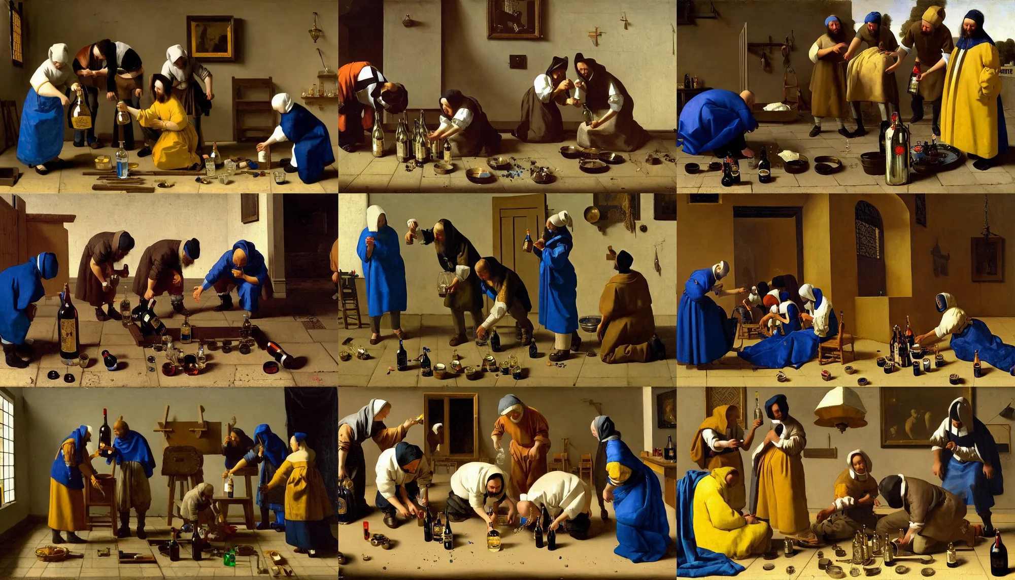 Prompt: a beautiful painting of 4 crip gang members pouring malt liquor on the ground in honor of a dead friend, by vermeer