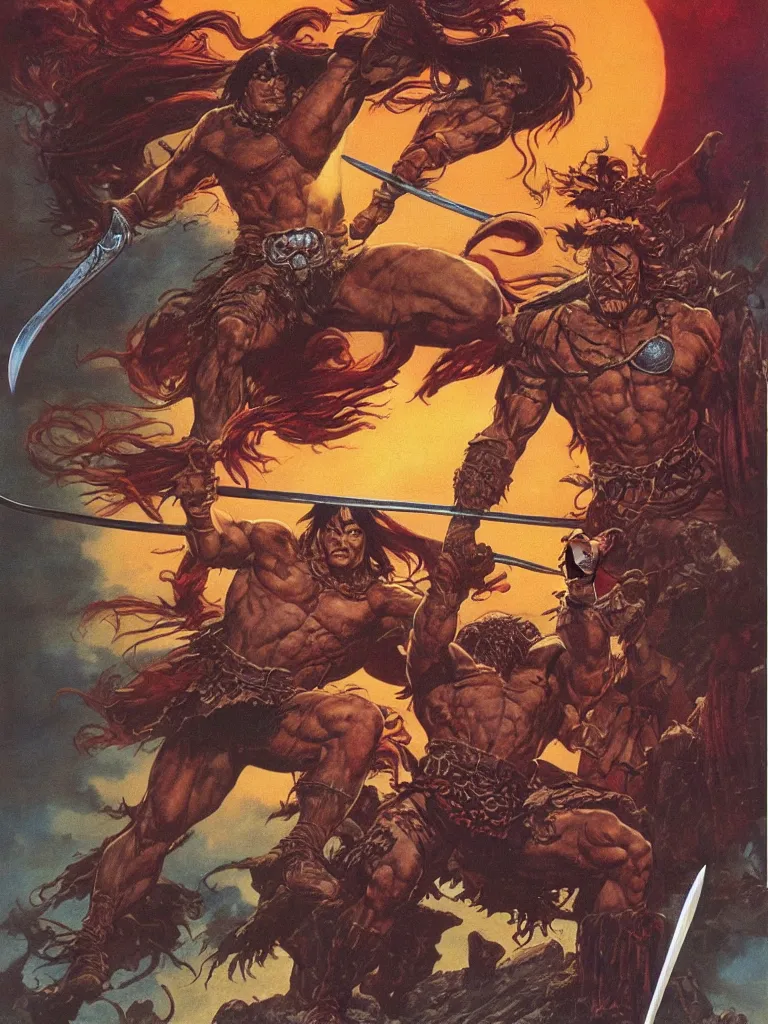 Prompt: a comic book cover color illustration of Conan the Barbarian wielding a sword during a sunset art by Dale Keown, Boris Vallejo, Frank Frazetta, Moebius