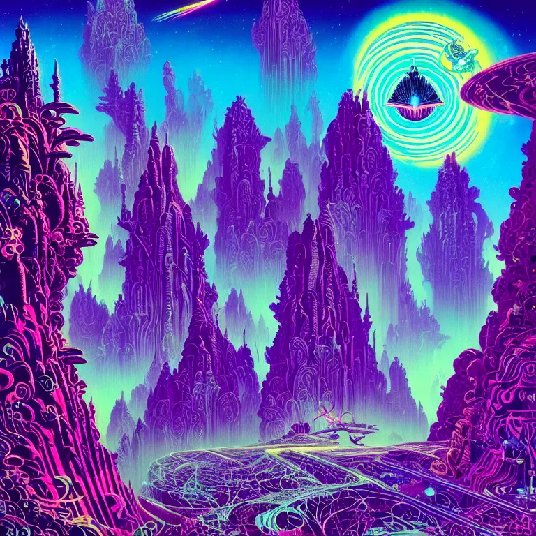 Prompt: mysterious rocket hovers over mythical crystal temple, psychedelic waves, synthwave, bright neon colors, highly detailed, cinematic, eyvind earle, tim white, philippe druillet, roger dean, ernst haeckel, lisa frank, aubrey beardsley