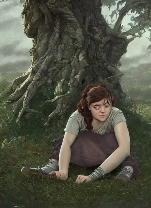 Prompt: tired Maisie Williams taking a rest under a tree after an long adventure a ruggedly muscled handsome heroine, intricate, elegant, highly detailed, centered, digital painting, artstation, concept art, smooth, sharp focus, illustration, artgerm, donato giancola, Joseph Christian Leyendecker, WLOP, Artgerm, thunder storm
