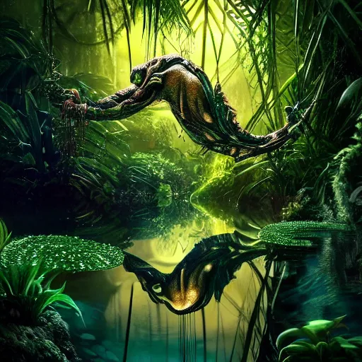 Prompt: creature in a lush trunda vegetation, water reflection, night, backlit, warm tones, bioluminescent : : by michal karcz, daniel merriam, victo ngai and guillermo del toro : : ornate, dynamic, particulate, intricate, elegant, highly detailed, centered, artstation, smooth, sharp focus, octane render, 3 d