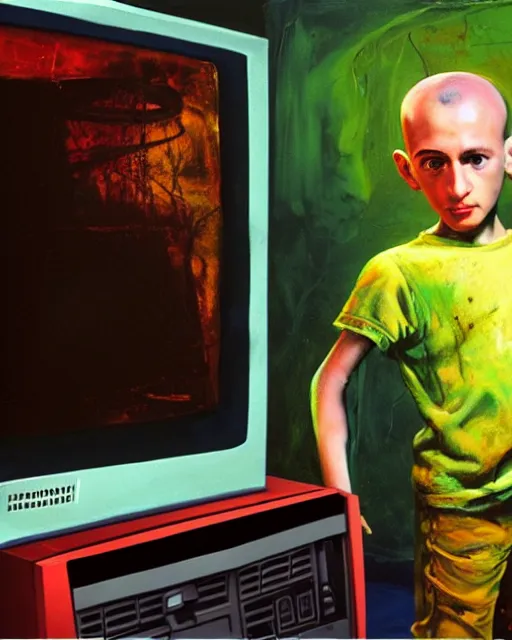 Prompt: 8k professional photo of an 8 years old enlightened and scared boy standing in front of an old computer from 90s with a game doom2 at the monitor screen. painting by Adrian Ghenie and Willem de Kooning , still from a movie by Gaspar Noe and James Cameron