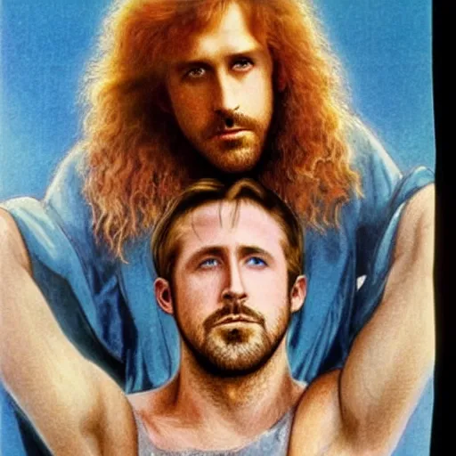 Image similar to Pre-Raphaelite portrait of Ryan Gosling as the leader of a cult 1980s heavy metal band standing on the hood of a muscle car, with very long blond hair and grey eyes, high saturation