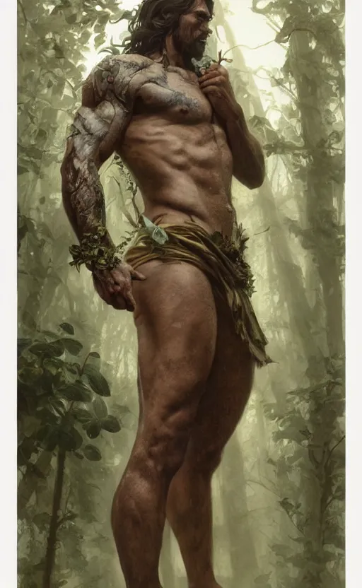 Image similar to god of the forest, 3 0 years old, rugged, handsome, male, detailed face, clean lines, atmospheric lighting, amazing, full body, thighs, flowers, muscular, intricate, highly detailed, digital painting, deviantart, concept art, sharp focus, illustration, art by greg rutkowski and alphonse mucha