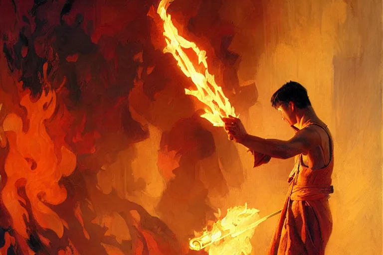 Image similar to fire bender, painting by gaston bussiere, craig mullins, j. c. leyendecker