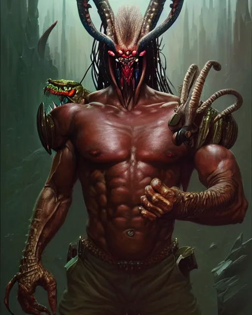 Prompt: a portrait of the predator fantasy character portrait, ultra realistic, cinematic, concept art, wide angle, intricate details, hologram, highly detailed by peter mohrbacher, boris vallejo, hajime sorayama aaron horkey, gaston bussiere, craig mullins