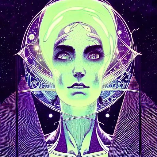 Image similar to cosmic portrait top light, by killian eng and joe fenton and martin deschambault and conrad roset, inspired by victorian vertigo comics, etching, fine, sharp high detail,