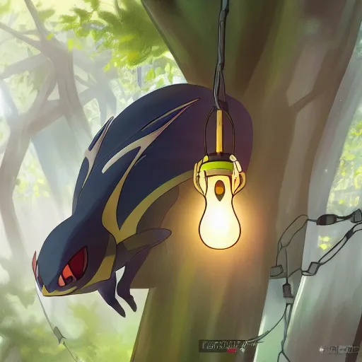 Image similar to a pokemon that looks like bat, bat hanging upside down in a tree, glowing like a light bulb, digital art. trending on art station, unreal engine.