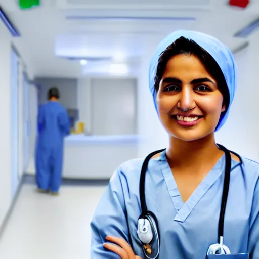 Prompt: A proud and happy Afghan girl working as a surgeon in a futuristic hospital, digital art