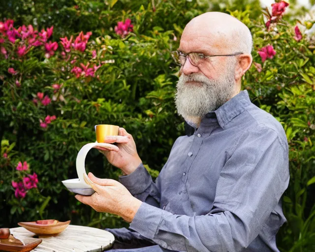 Image similar to mr robert is drinking fresh tea in a garden from spiral mug, detailed calm face, grey short beard, golden hour, red elegant shirt