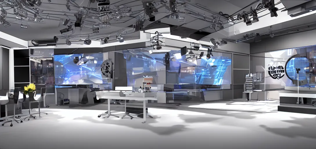 Image similar to super detailed v-ray render, news studio set, wide shot highly reflective light