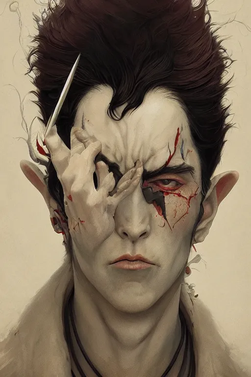 Prompt: a portrait of handsome demon illustrated by miyazaki by karol bak, james jean, tom bagshaw, rococo, sharp focus, trending on artstation, cinematic lighting, hyper realism, octane render, 8 k, hyper detailed, vivid, ultra detailed, highly detailed