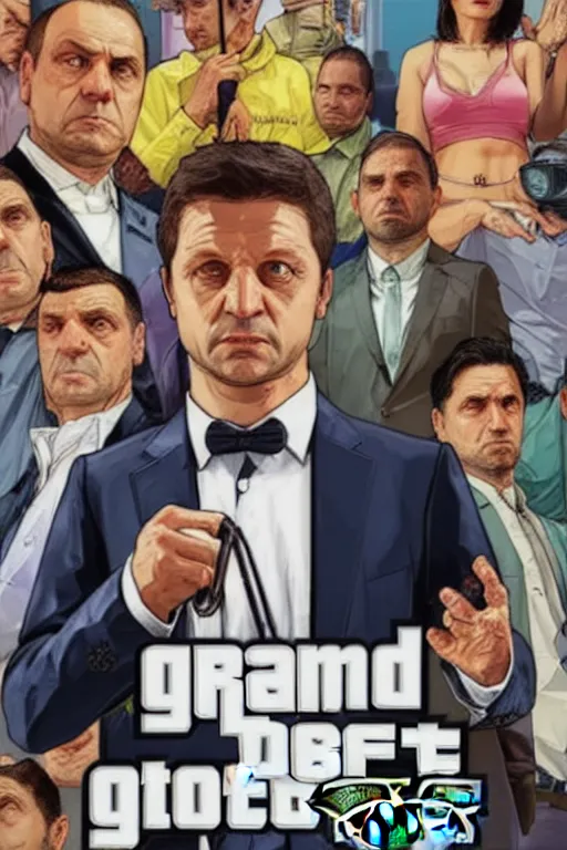 Image similar to GTA V cover art starring Volodymyr Zelensky, starring Volodymyr Zelensky