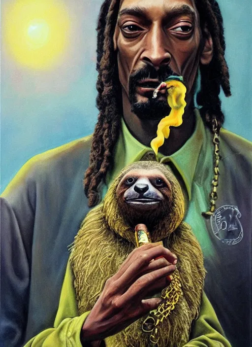 Image similar to ultra realistic portrait painting of snoop dogg as a sloth smoking a lit joint, art by frank frazetta, 4 k, ultra realistic, highly detailed, epic lighting