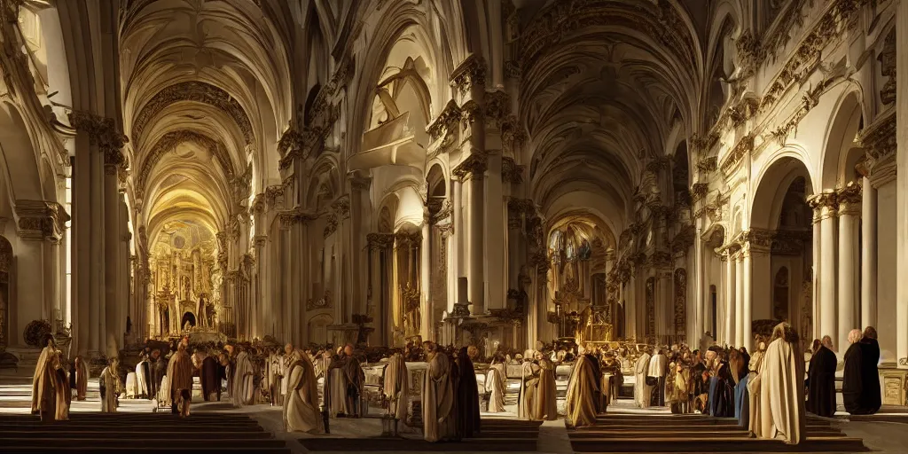 Prompt: beautiful oil matte painting, priests holding a church ceremony inside a baroque cathedral, wonderful masterpiece highly detailed, beautiful cinematic light deep focus, elegant, digital painting, smooth, sharp focus, golden ratio, dramatic illumination, ultra realistic, 8 k, art by giovanni bellini and caravaggio