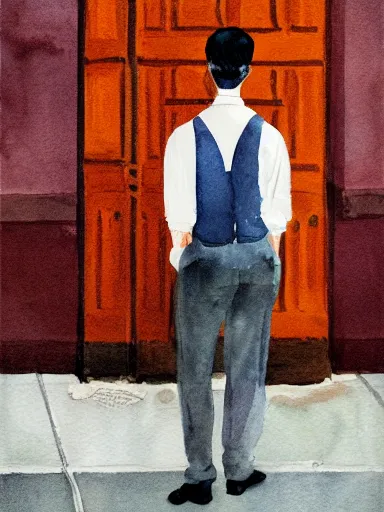 Prompt: water color painting, artwork by wes anderson, of a solo individual portrait of a guy waiting for his date to come, dapper, simple illustration, nostalgic, very realistic, full of details, trending on artstation