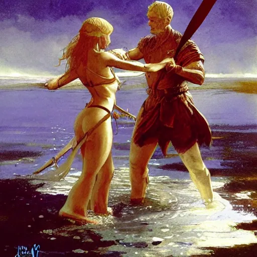 Image similar to a fantasy illustration of a hand holding a sword emerging from a lake, lady of the lake, by james gurney, craig mullins and frank frazetta