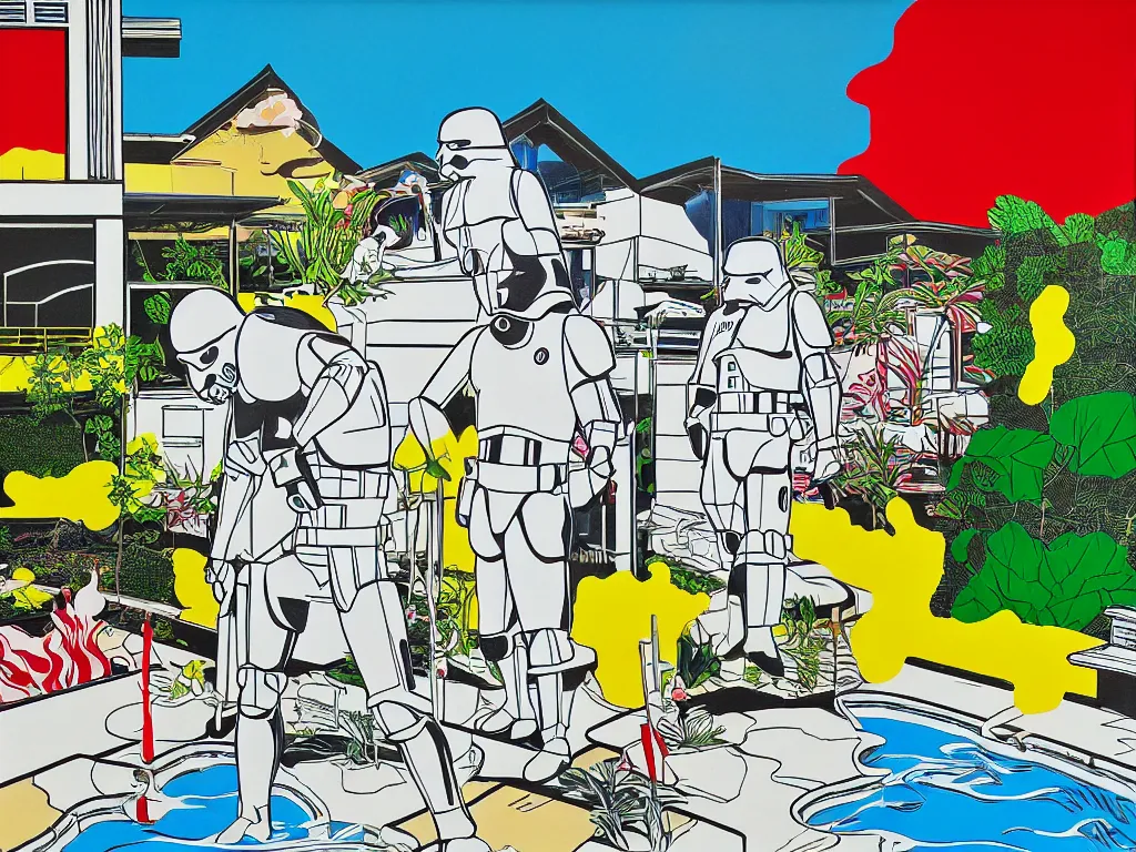 Image similar to hyperrealism composition of the japanese house with a hot springs in the garden, detailed stormtrooper in hot springs, pop - art style, jacky tsai style, andy warhol style, roy lichtenstein style, acrylic on canvas