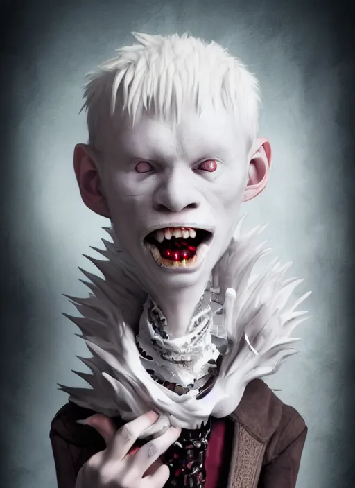 Image similar to albino androgynous vampire with a bol full of candy, photography, award wining, concept art, ambient light, 4 k, intricate details, highly professionally detailed, cgsociety, highly detailed -