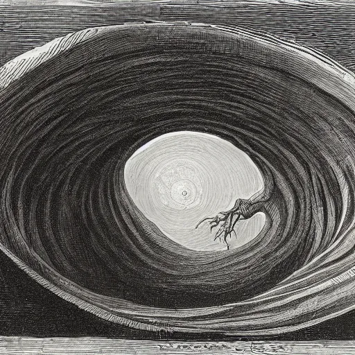 Image similar to Concept art etching of a swirling vortex in a tunnel dark mineshaft by Gustav Doré in Dante's Inferno esophagus -C 12