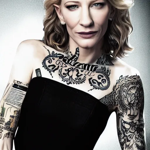 Prompt: full body tattooed cate blanchett,latino, highly detailed, photorealistic, 4k