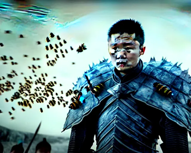 Image similar to justin sun as night king in game of thrones attacked by huge bee army, 4 k, epic, cinematic, focus, movie still, fantasy, extreme detail, atmospheric, dark colour, sharp focus