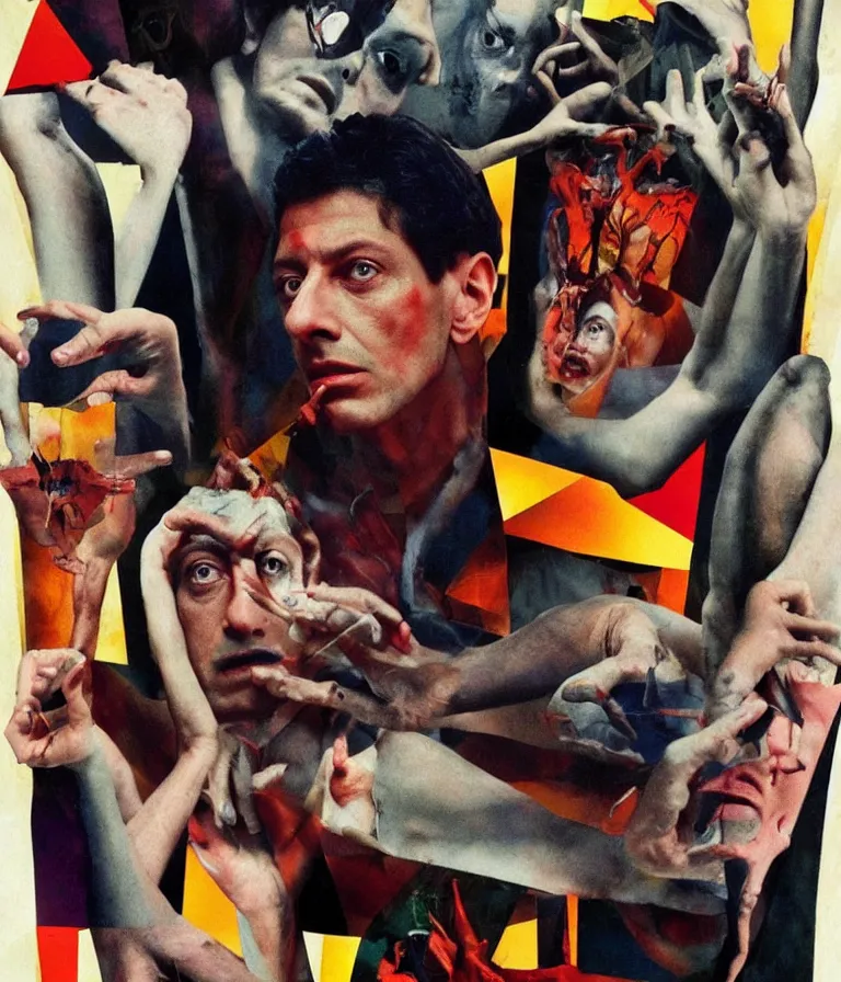 Prompt: Beautiful colorful Minimalist!!!! Horror Movie Poster made for the film Kafka's the Metamorphosis (1987) Starring Jeff Goldblum transforming into a large insect, photo collage and oil painting by David Cronenberg and Man Ray, trending on artstation Cinematic lighting minimalist! !collage 8k
