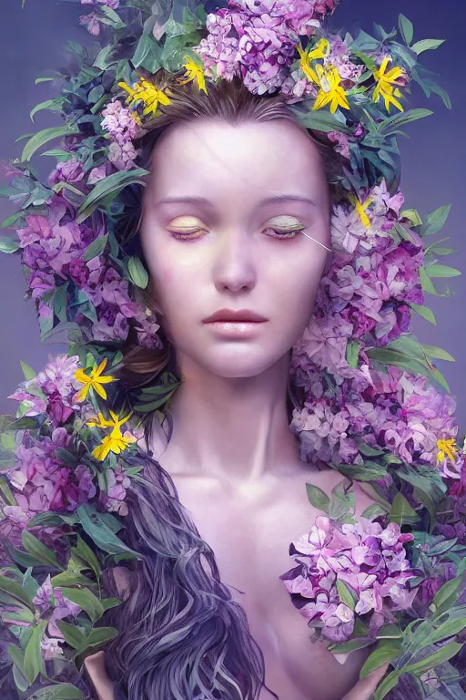 Prompt: a beautiful fine art RPG portrait photo of a robot female cyborg, spread out wavy hair covered by hibiscus, daffodils, hydrangea, montsera leaves by tom bagshaw, golden ratio composition, soft studio lighting, soft vignette, 50mm lens, very detailed, bionic, cybernetic scifi, deep depth of field, artstation, 8K