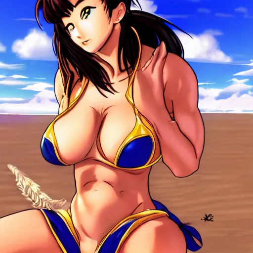 Prompt: chun li enjoying her holiday, wearing a bikini on the beach, sun dappled, anime, digital art, kazushi hagiwara, doax, tomonobu itagaki