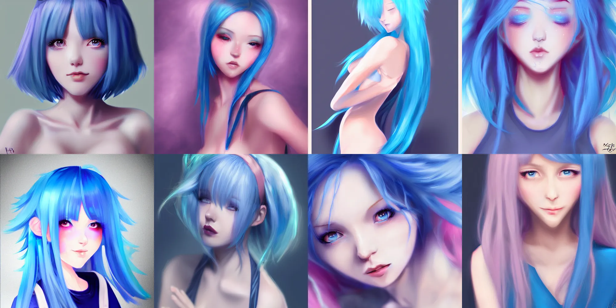 Prompt: very beautiful digital painting of a blushing blue-haired girl, full body, full shot, ishikei, wlop, trending on artstation