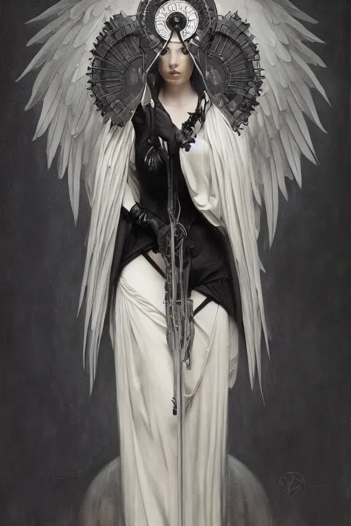 Prompt: portrait of the angel of death, black and silver, by tom bagshaw and alphonse mucha and atey ghailan and artgerm and and greg rutkowski, hyper realistic, octane render, trending on artstation