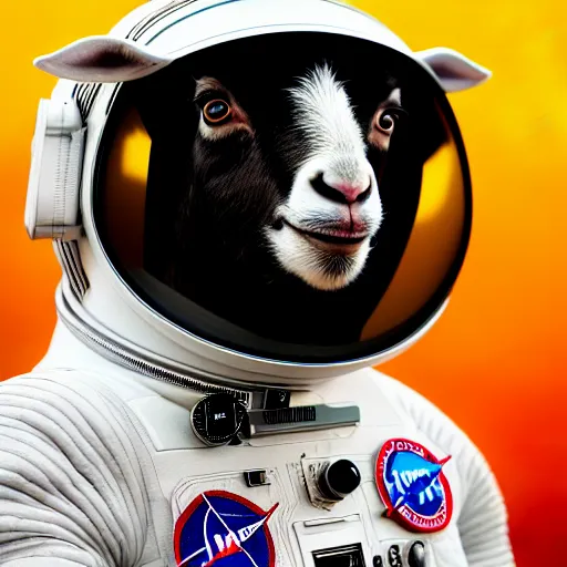 Prompt: professional photo goat on four feet in astronaut suit on the moon, closeup shot, hyperrealistic masterpiece, trending on artstation, cgsociety, kodakchrome, golden ratio, cinematic, composition, beautiful lighting, hyper detailed, sharp focus, octane render, 4 k, unreal engine