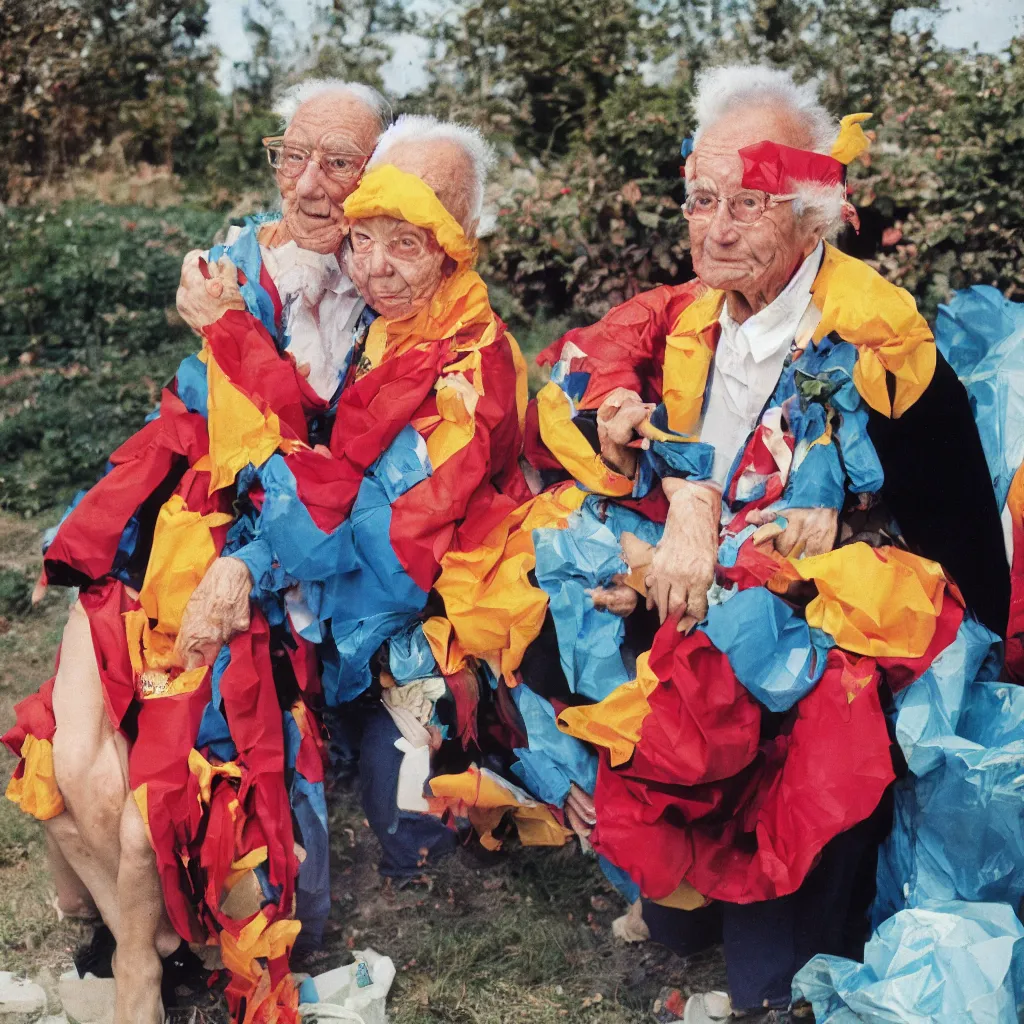 Prompt: a martin parr photo of a grandpa couple, wearing weird trash costumes, fujifilm velvia 5 0