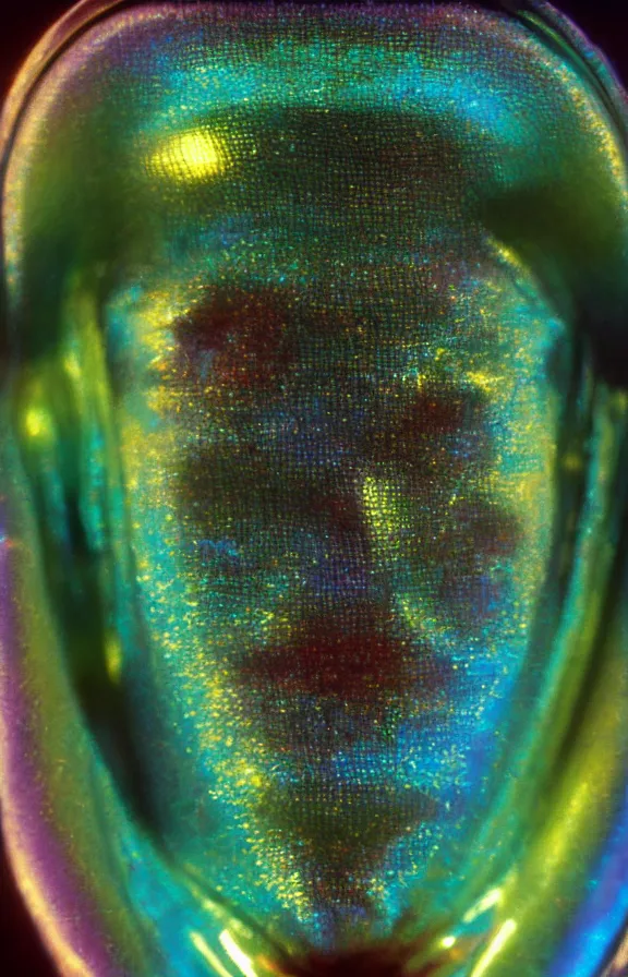 Prompt: Portrait of an iridescent alien seen through a colored electron microscope, vintage, sci-fi, soft grainy